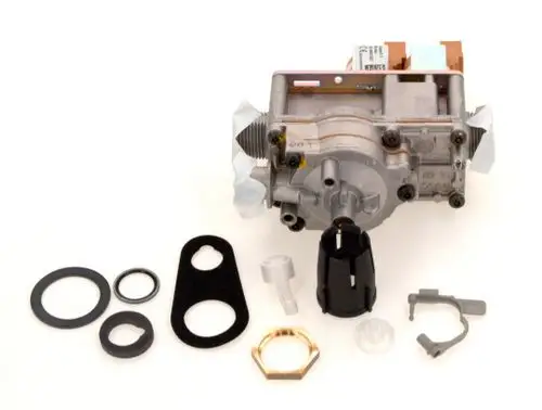 BOSCH Gasarmatur mit mehreren Dichtungen und Komponenten, einschließlich einer Montagebasis und einem Griff, auf neutralem Hintergrund.